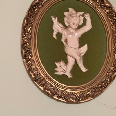 Cherub Art Chalkware Pink & Framed