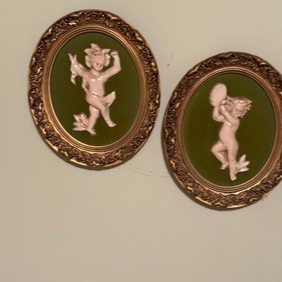 Cherub Art Chalkware Pink & Framed