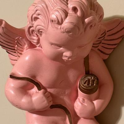 Cherub Art Chalkware Pink & Framed