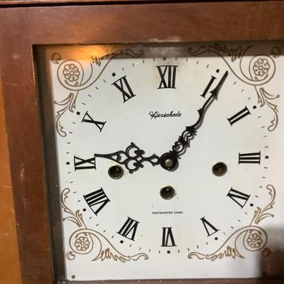 Sale Photo Thumbnail #191: Herschede Westminster chime wall clock.  Back is off and one foot is off.  No key but it works.
