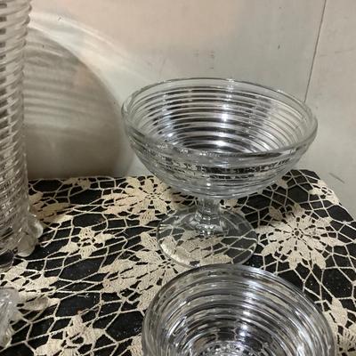 Sale Photo Thumbnail #293: You get Heiser clear glass tall vase, footed bowl, sherbet, square dish.