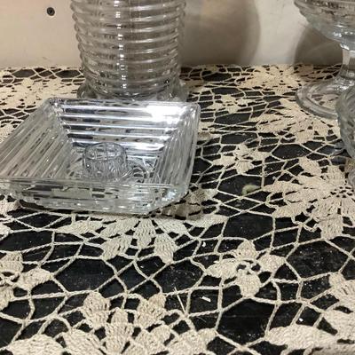 Sale Photo Thumbnail #295: You get Heiser clear glass tall vase, footed bowl, sherbet, square dish.