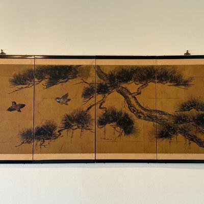 Vintage Japanese Hand-Painted Four-Panel Wall Art