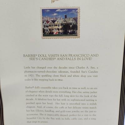 Sale Photo Thumbnail #25: Special Edition Barbie doll titled 'I Left My Heart in San Francisco,' produced in collaboration with See's Candies. The doll is presented in a themed packaging featuring classic San Francisco elements and a See's Candies storefront. Includes elegant atti