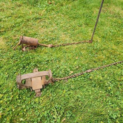 Sale Photo Thumbnail #33: Two vintage metal animal traps with attached chains. The set includes one cylindrical and one rectangular trap, each exhibiting rust and wear consistent with age and use. Both traps are intact with all moving parts. Each trap is connected to a chain that 