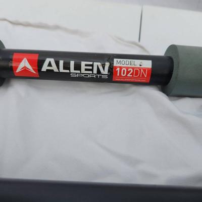 Sale Photo Thumbnail #179: Allen Sports Model 102DN 2-Bike Trunk Mount Rack constructed with a durable steel frame. Features a compact and foldable design for convenient storage, along with adjustable tie-down straps for securely holding up to two bicycles. Includes foam padding to