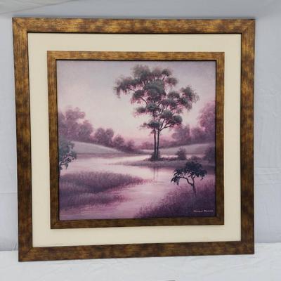 Sale Photo Thumbnail #196: Framed landscape painting by artist Michael Marson featuring a serene scene with purple tones. The artwork depicts a tranquil scenery with trees and a water feature, using a soft purple and lavender palette. Presented in a double wooden frame with a gold-