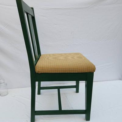 Sale Photo Thumbnail #282: Six wooden dining chairs, painted green, featuring a simple slat-back design. Each chair includes an upholstered seat covered in a checked beige fabric. Overall construction appears sturdy, and the upholstery is consistent across all chairs. Ideal for din