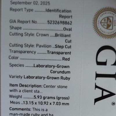 Beautiful GIA CERTIFIED LAB GROWN RUBY RING