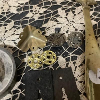 Sale Photo Thumbnail #258: You get metal serving piece, metal shoe horn, two metal door handle plates, cookie cutter, mics metal items and blue glass canning jar.