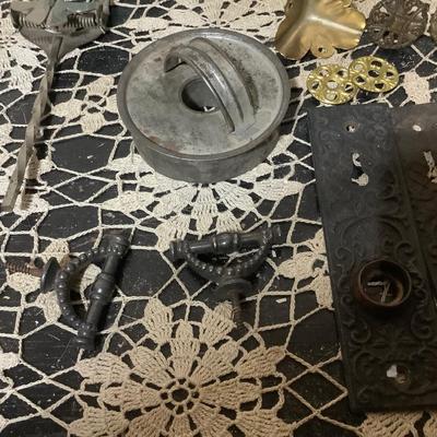 Sale Photo Thumbnail #257: You get metal serving piece, metal shoe horn, two metal door handle plates, cookie cutter, mics metal items and blue glass canning jar.