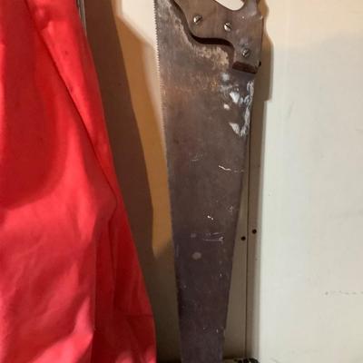 Sale Photo Thumbnail #462: You get this nice cart, a black and wood umbrella, and a vintage hand saw.