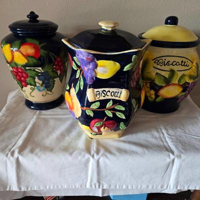 Sale Photo Thumbnail #36: Set of 3 Biscotti jars.  Good condition.  No chips or cracks.