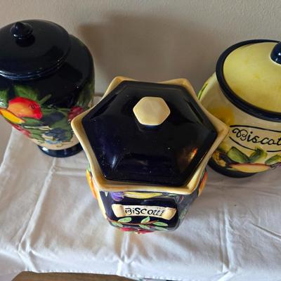 Sale Photo Thumbnail #37: Set of 3 Biscotti jars.  Good condition.  No chips or cracks.