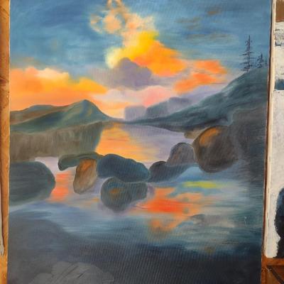 Original Art on Canvas River Sunset by Evelyn O. King