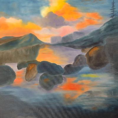 Original Art on Canvas River Sunset by Evelyn O. King