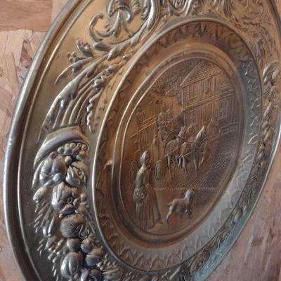 Vintage Large Brass Embossed Charger Wall Decor