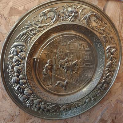 Vintage Large Brass Embossed Charger Wall Decor