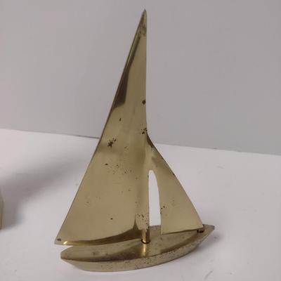 Pair of Vintage Metal Brass Sailboat Yachts Large One Signed by Artist