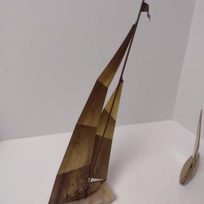 Pair of Vintage Metal Brass Sailboat Yachts Large One Signed by Artist