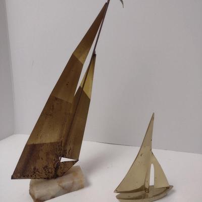 Pair of Vintage Metal Brass Sailboat Yachts Large One Signed by Artist