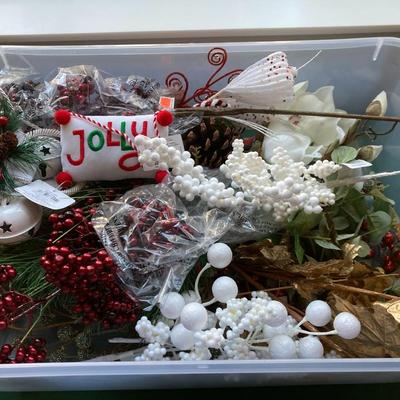 Sale Photo Thumbnail #156: Lot of floral stems/decor/bells.  Tote included