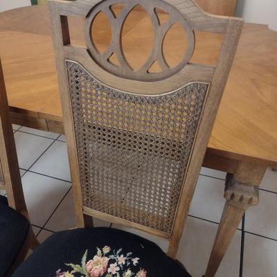 Set of Four Vintage High Back Dining Chairs with Cane Back and Hand Cross Stitched Seats