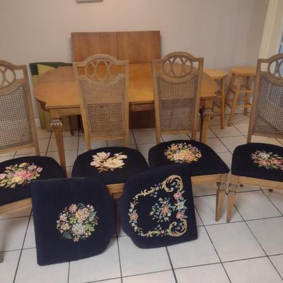 Set of Four Vintage High Back Dining Chairs with Cane Back and Hand Cross Stitched Seats