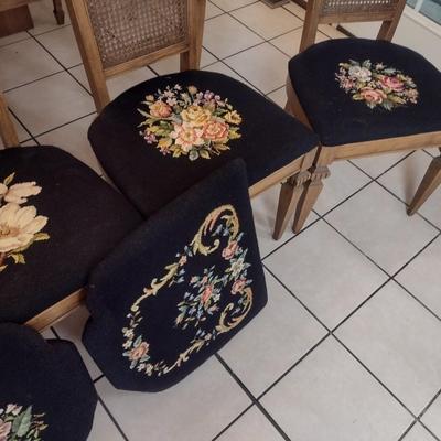 Set of Four Vintage High Back Dining Chairs with Cane Back and Hand Cross Stitched Seats