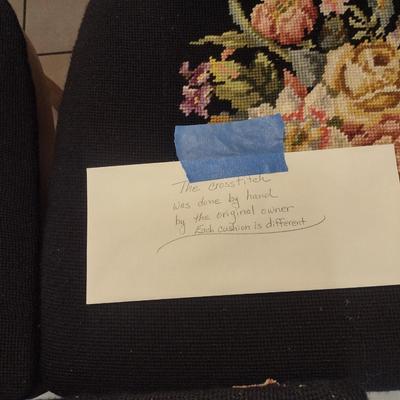 Set of Four Vintage High Back Dining Chairs with Cane Back and Hand Cross Stitched Seats