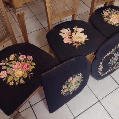 Set of Four Vintage High Back Dining Chairs with Cane Back and Hand Cross Stitched Seats