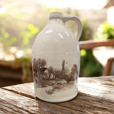 Sale Photo Thumbnail #355: White Ceramic Farmhouse Style Jug with a Sepia Toned Pastoral Landscape Design