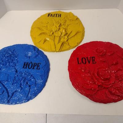Set of Three Plaster Motivational Wall Decor Faith, Love, Hope
