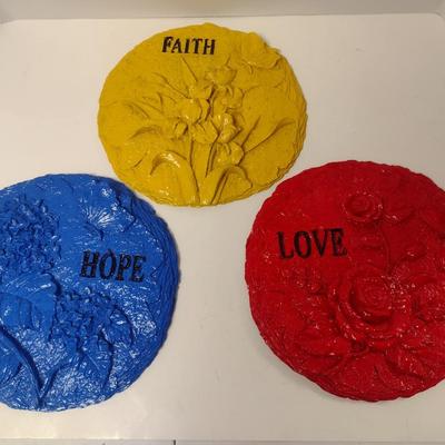 Set of Three Plaster Motivational Wall Decor Faith, Love, Hope