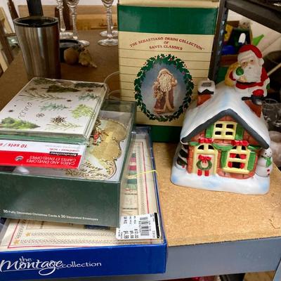 Sale Photo Thumbnail #193: Large tote,  included, filled with ornaments, Santa Light, Ceramic Santa, cards, etc.