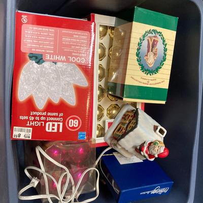 Sale Photo Thumbnail #192: Large tote,  included, filled with ornaments, Santa Light, Ceramic Santa, cards, etc.