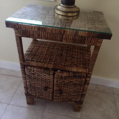 Rattan Wicker Weave Accent Table with Glass Cover