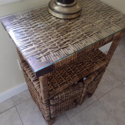 Rattan Wicker Weave Accent Table with Glass Cover