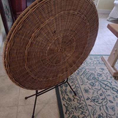 Pair of Wicker Rattan Folding Accent Tables with Wrought Metal Leg Base