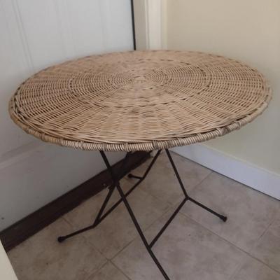 Pair of Wicker Rattan Folding Accent Tables with Wrought Metal Leg Base