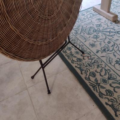 Pair of Wicker Rattan Folding Accent Tables with Wrought Metal Leg Base