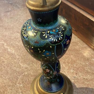 Vintage Chinese Cloisonné Enamel Table Lamp, Floral & Butterfly Motif on Midnight-Blue 20”