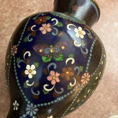 Vintage Chinese Cloisonné Enamel Table Lamp, Floral & Butterfly Motif on Midnight-Blue 20”