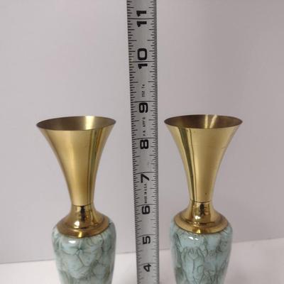 Pair of Vintage Glazed Ceramic and Metal Vases- Marked 'Holland'- Approx 8 1/2" Tall