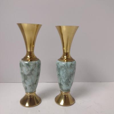 Pair of Vintage Glazed Ceramic and Metal Vases- Marked 'Holland'- Approx 8 1/2" Tall