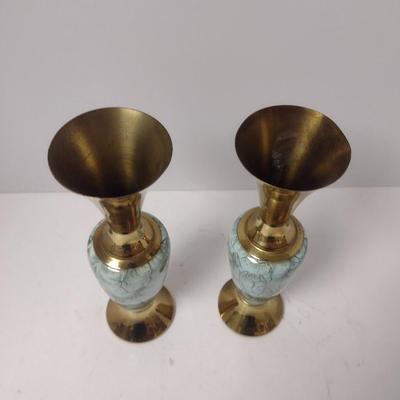 Pair of Vintage Glazed Ceramic and Metal Vases- Marked 'Holland'- Approx 8 1/2" Tall