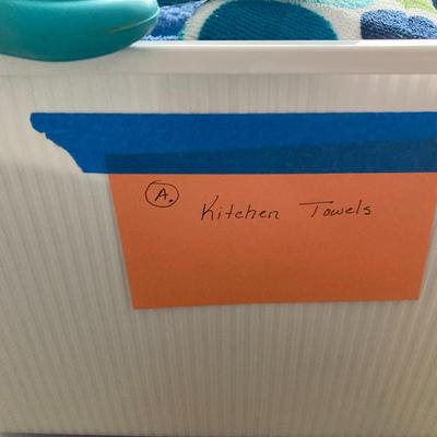 Sale Photo Thumbnail #240: Large tote full of kitchen linen items.  Many brand new with tags