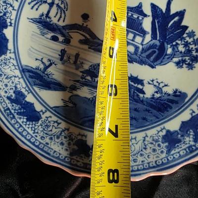 Blue and White Chinese Porcelain Plate with Pagoda and Waterfall Scene - Vintage Chinoiserie Collectible