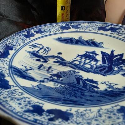 Blue and White Chinese Porcelain Plate with Pagoda and Waterfall Scene - Vintage Chinoiserie Collectible