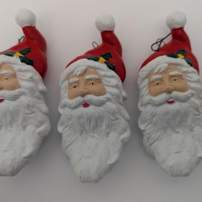Set Of 3 Vintage Ceramic Santa Claus Face Ornaments Hand Painted Christmas Dcor